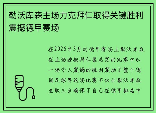 勒沃库森主场力克拜仁取得关键胜利震撼德甲赛场